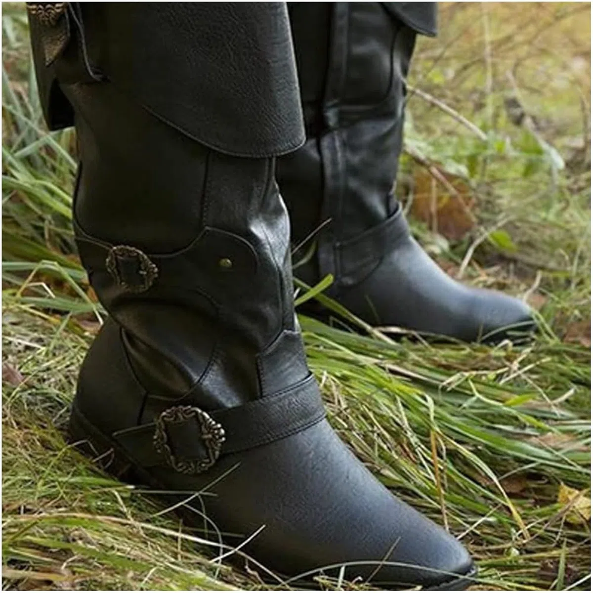 Bottes de Chevalier médiévales pour Adultes Cosplay - Rétro Chaussures à Manches Longues en Cuir - Bottes en Cuir synthétique Renaissance Grande Taille Chaussures avec Boucle de Ceinture