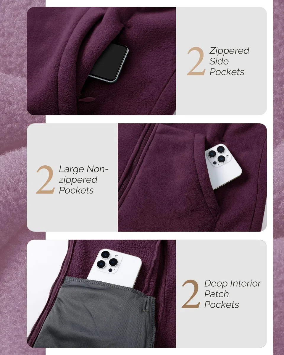 Outdoor Ventures Veste polaire pour femme avec fermeture éclair sur toute la longueur, sweat à capuche en polaire chaude avec 6 poches pour la randonnée et les loisirs