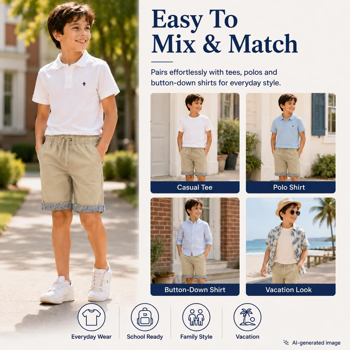 Bienzoe Short en sergé de coton pour garçon Taille élastique - kaki - 16(13 ans)