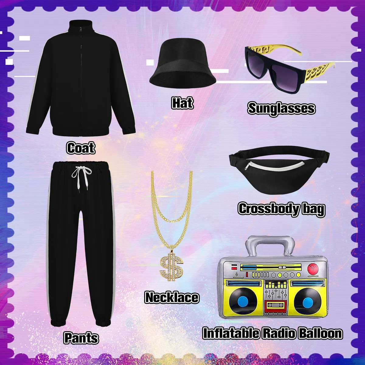 Tenue des années 80 pour homme - Survêtement rétro des années 90 - Avec vêtements hip hop - Pour carnaval, fête disco