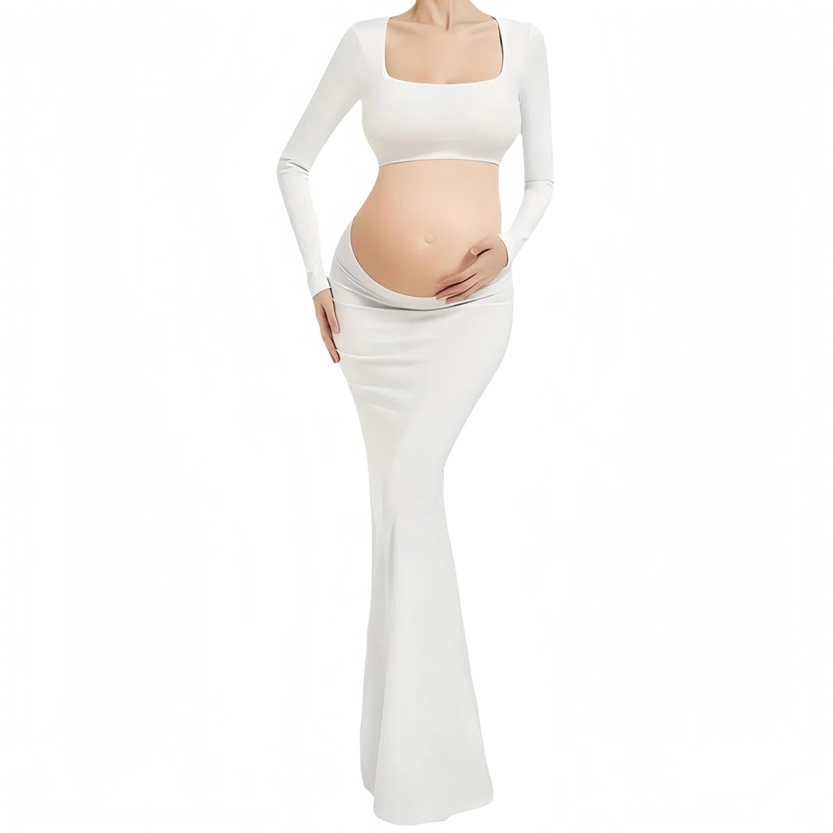 Robe de Maternité à Manches Longues Robe de Grossesse Photographie Robe Enceinte Shooting Col Carré