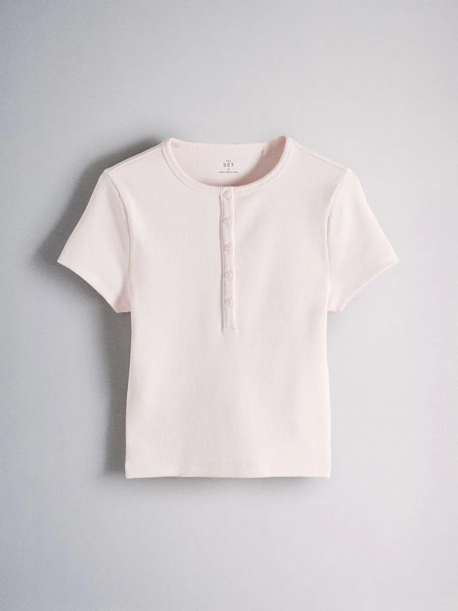 THE SET Femme T-Shirt côtelé à col boutonné et Manches Courtes, Lot de 4 | Coupe standard