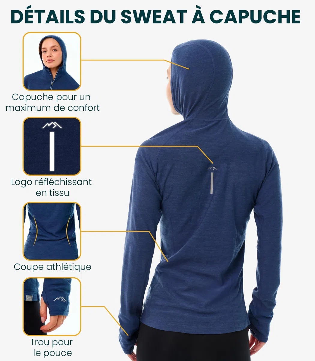 Merino.tech Сapuche Pull Mérinos Femme - Coupe Ajustée 100% Laine Merinos sous Vetement Femme et Сhaussettes