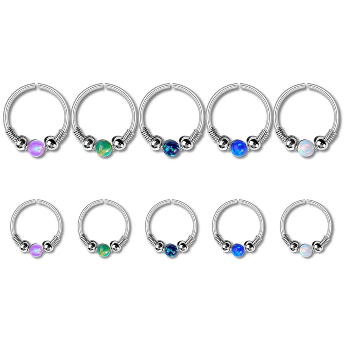 10 Pièce Piercing Nez Faux,0.8mm Piercing Nez 20 Gauge Acier Chirurgical Piercing Nez Forme Rond avec Opale 8/10mm Piercing Arcade Argent