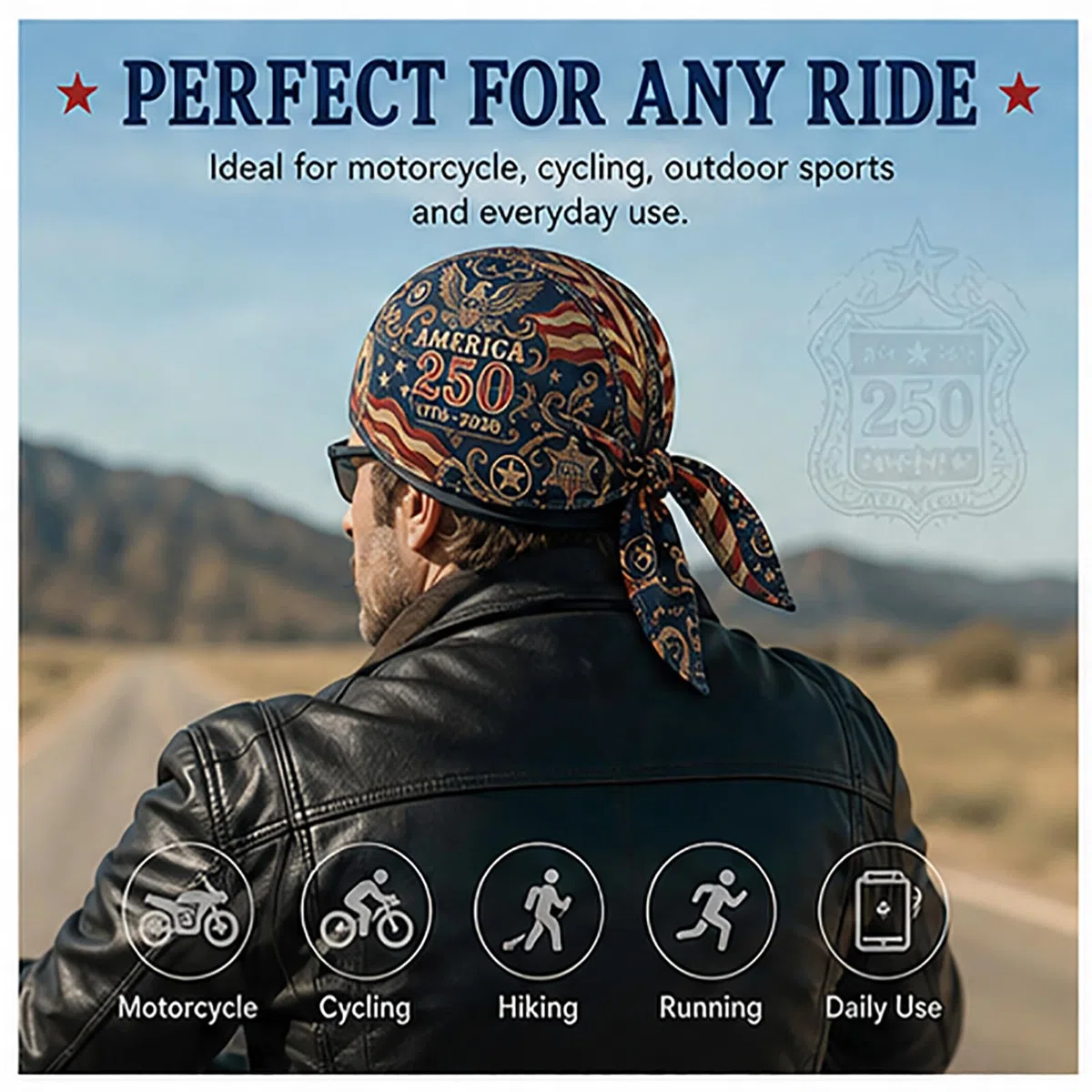 America 250 – Bandana de cyclisme style pirate/Bandeau pour motard – Foulard rafraîchissant et patriotique – Séchage rapide et évacuation de la transpiration