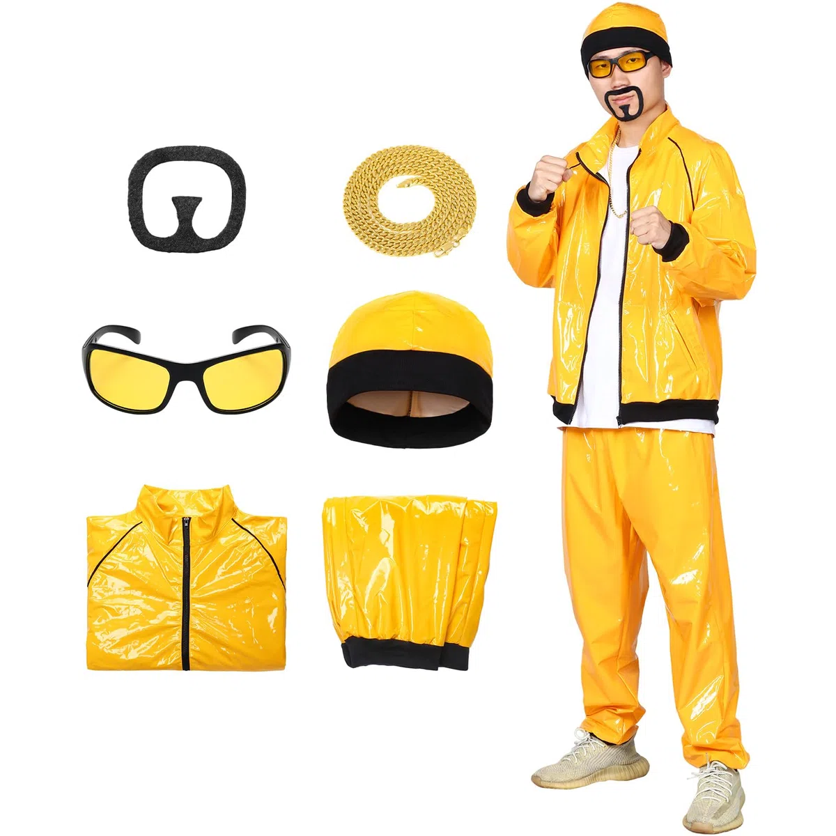 Déguisement des années 90 et 90 pour adultes, costume de rappeur amusant avec collier, lunettes, barbe, 6 pièces pour Mardi Gras Halloween