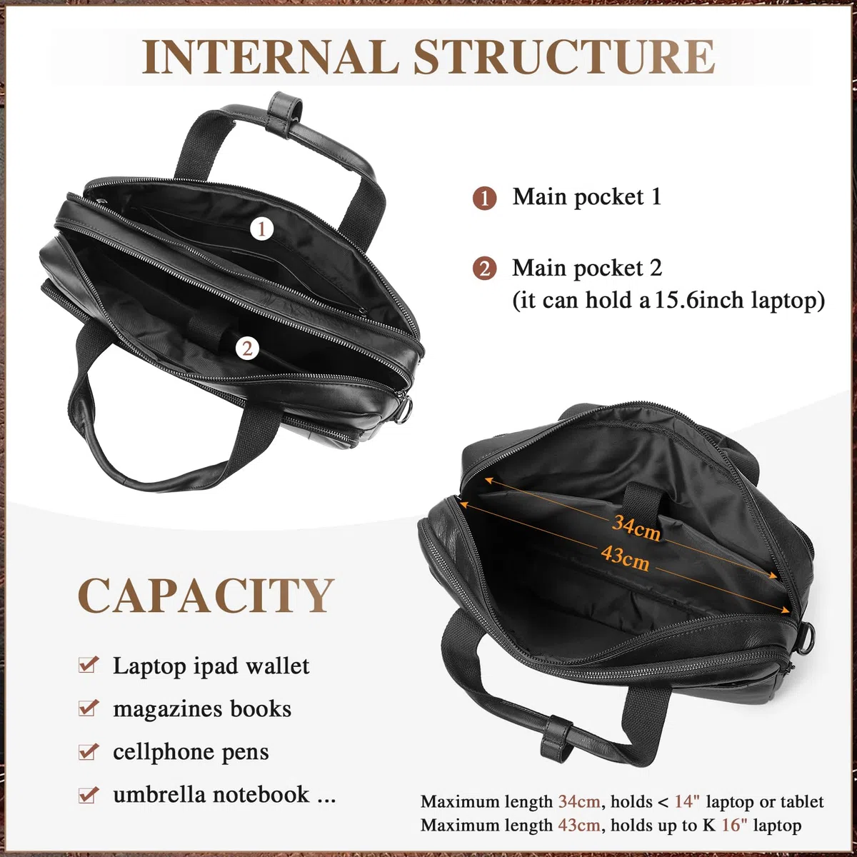 BAIGIO Sacoche Ordinateur Homme Cuir 15,6 Pouces Cartable Porte Document Homme Sac Business Malette Hommes Sacoche Travail Serviette Business Hommes Sac à Main Sac Bandoulière, Noir