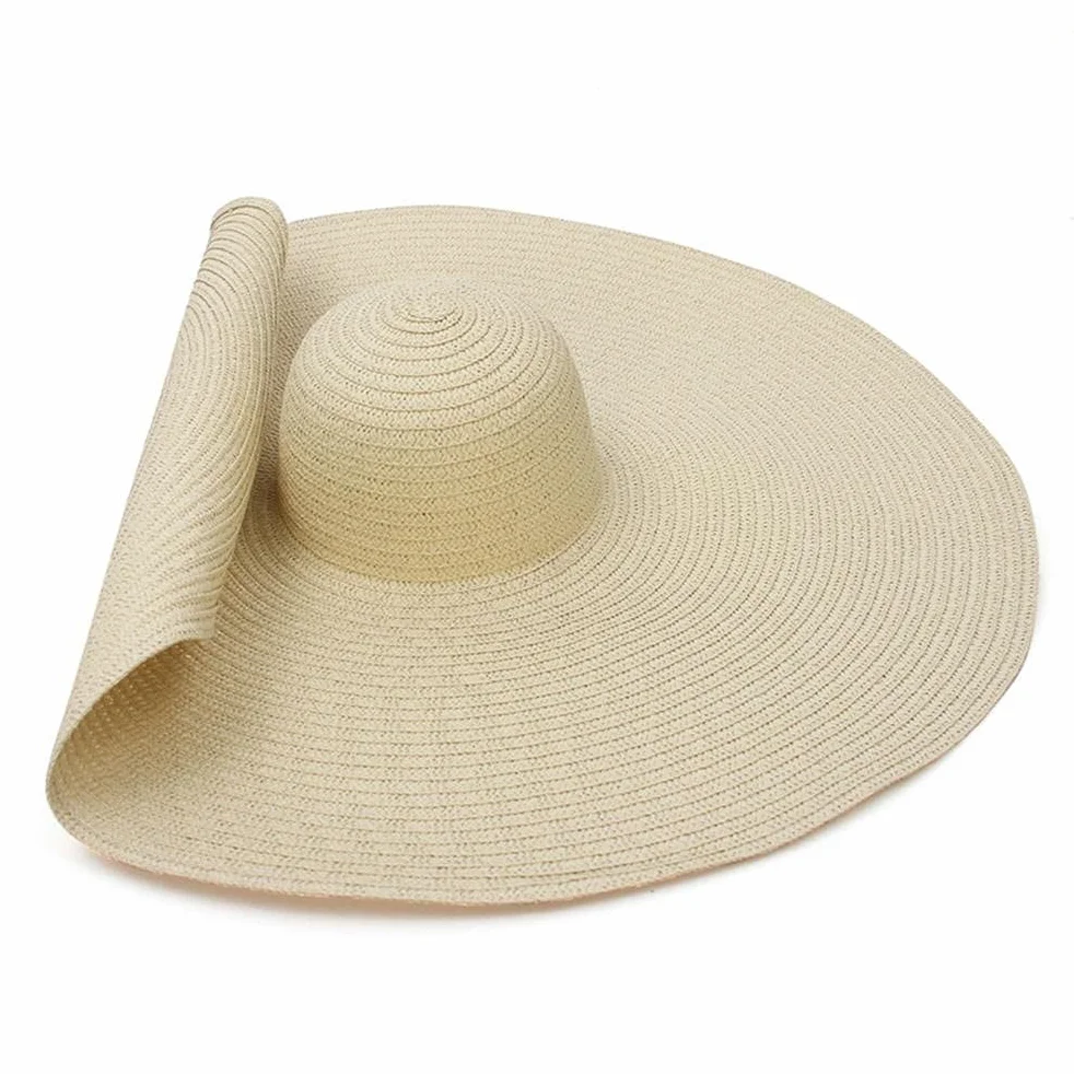 Chapeau de paille surdimensionné pour femme, chapeau de paille de soleil avec large bord anti-UV, chapeau d'été pliable (56-58 cm)