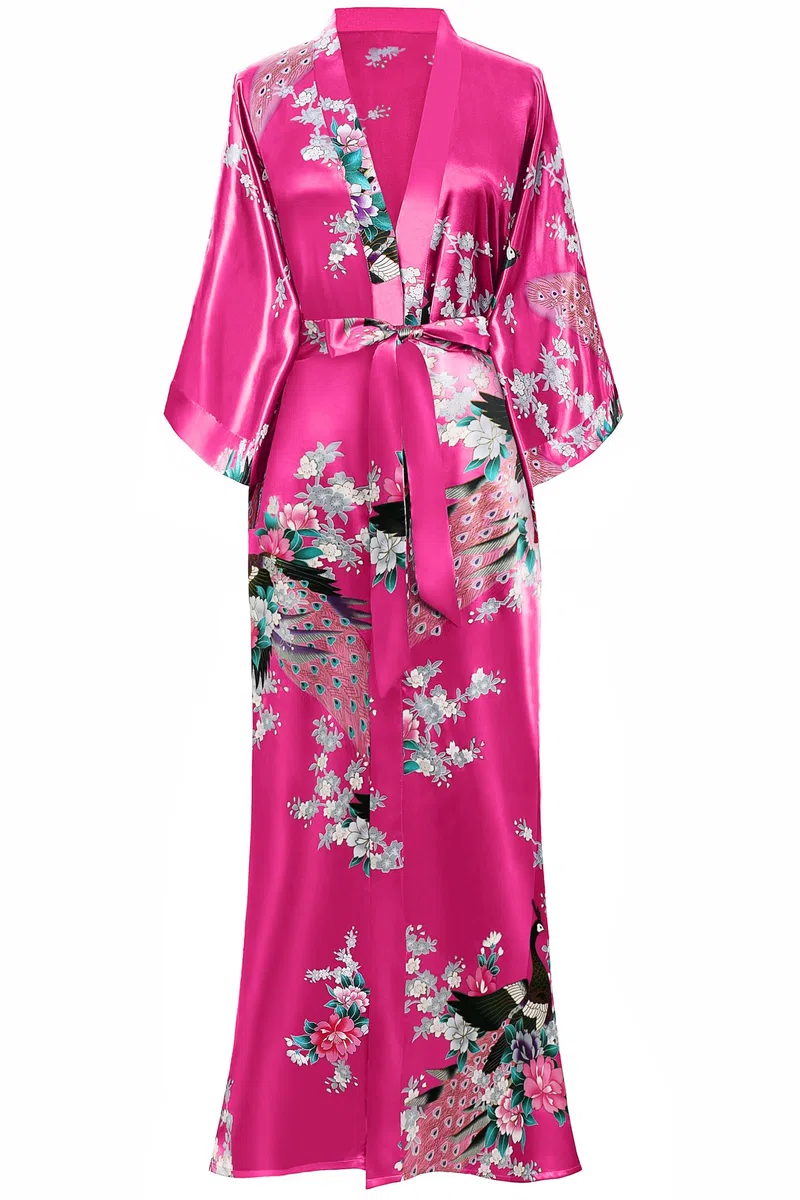 BABEYOND Women's Kimono Robe Long Satin Silky Robes with Peacock and Blossoms Printed Kimono Nightgown