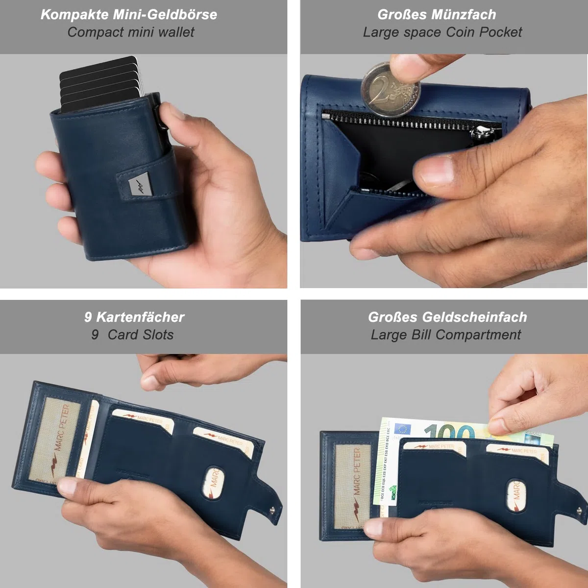 Marc Peter Portefeuille fin pour homme avec compartiment à monnaie et protection RFID, portefeuille en cuir, 9 compartiments pour cartes de crédit, étui pour cartes de crédit, petit homme, bleu