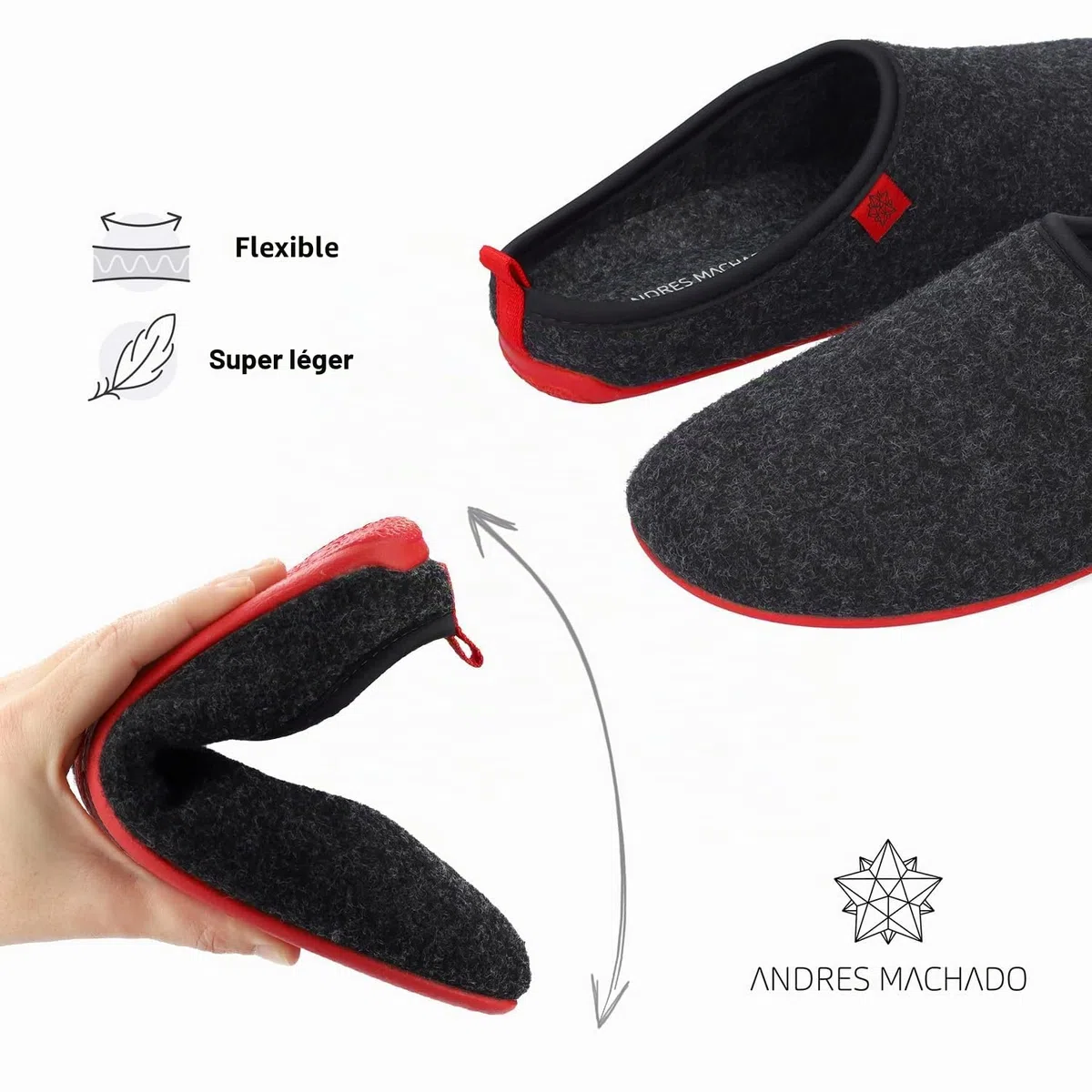 Andrés Machado - Chaussons pour Homme et Femme pour l´Hiver - Slippers - DYNAMIC - Tige et doublure en laine - Pantoufles ouvertes à l´arrière –Semelle souple - Pointures du 37 à 50 EU