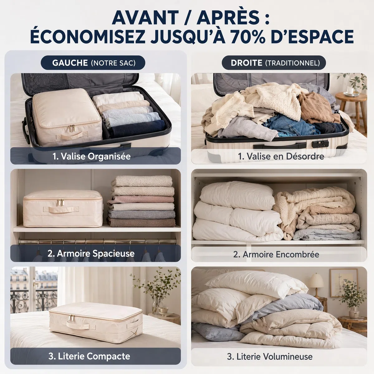 Sac de Compression Ultime sans Aspirateur, Gain de Place pour la Maison, Résistant à l’Humidité, Sac de Rangement sous Vide pour Couettes, Vêtements (BEIGE,SET-2)
