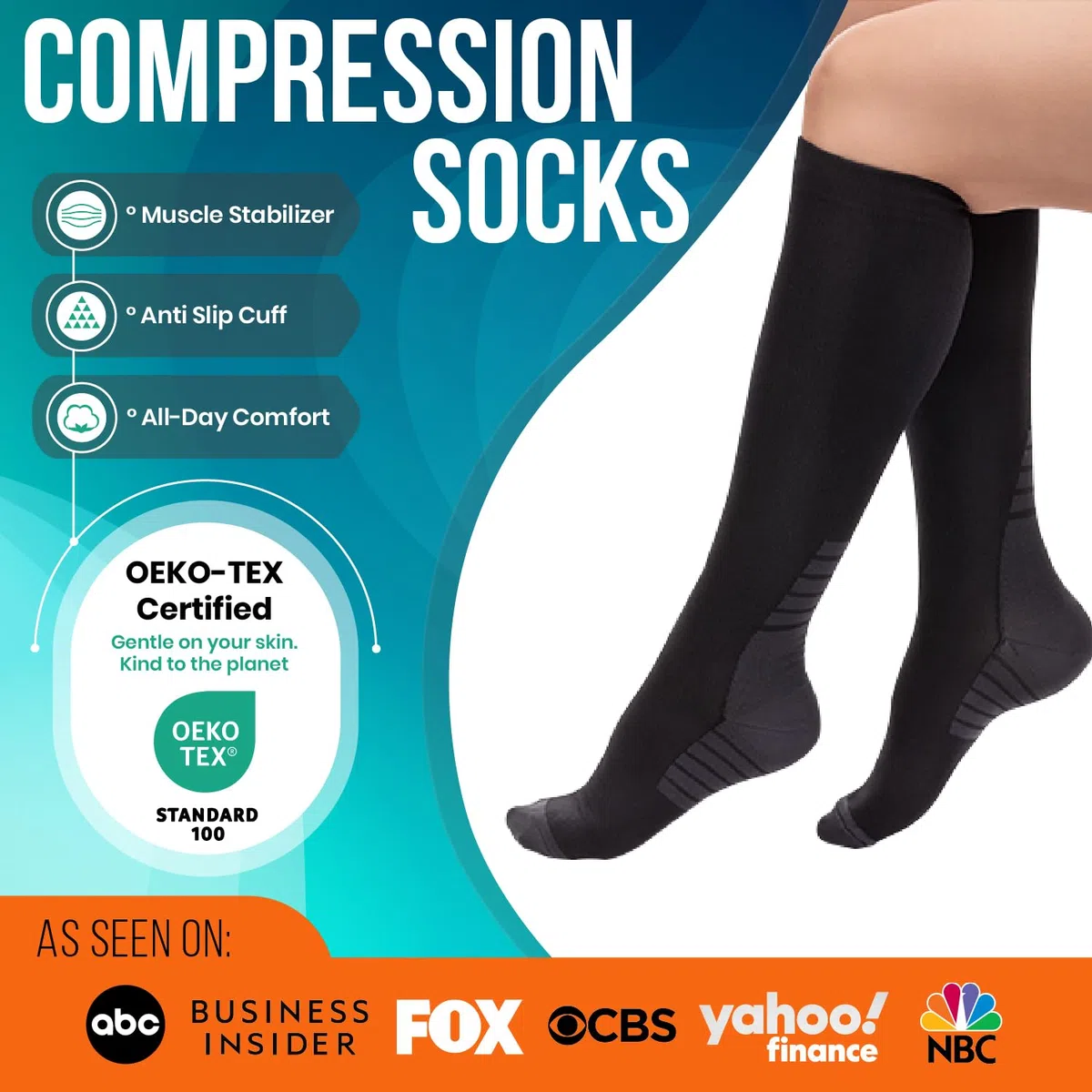 PhysFlex Chaussettes de compression pour homme et femme – Meilleur soutien pour la course, l'avion, la grossesse – Bas de compression gradués au genou (bleu)
