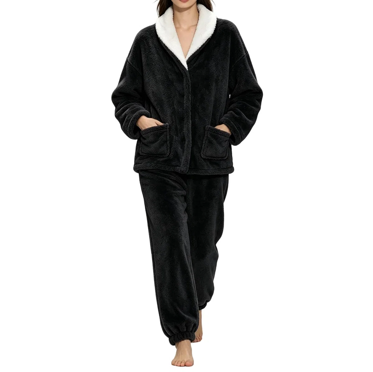 Jamicy Pyjama Femme Hiver Polaire Double Face Chaud Ensembles de Pyjama Femme Boutonné avec Poche Vêtement de Nuit Uni Costume de Maison Confortable Doux Tenue de Nuit 2 Pièces S-XL
