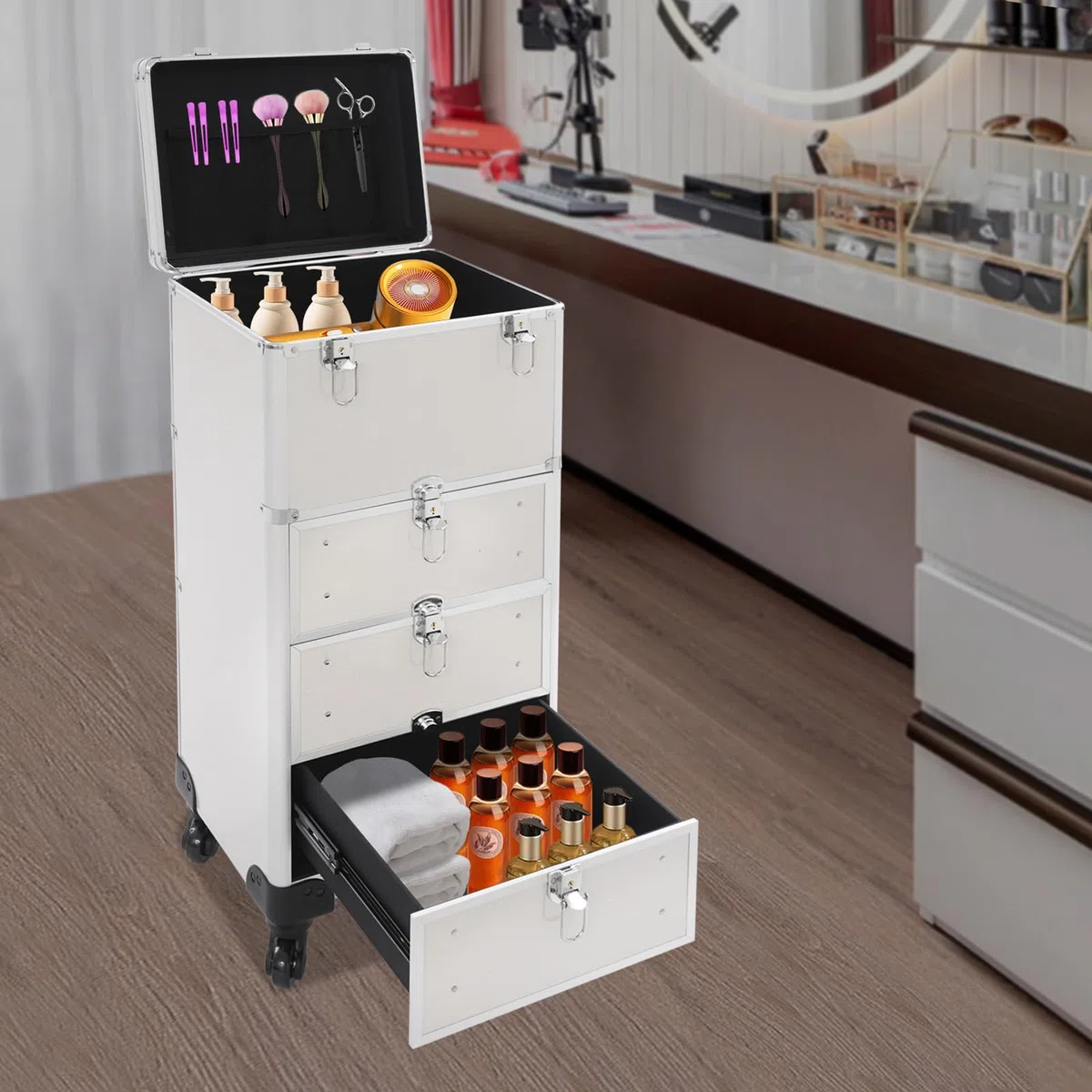 Trousse cosmétique à roulettes Valise de maquillage professionnelle Organiseur de maquillage Trolley de cosmétiques Valise de maquillage Grande valise de coiffeur 107 x 34 x 27 cm avec